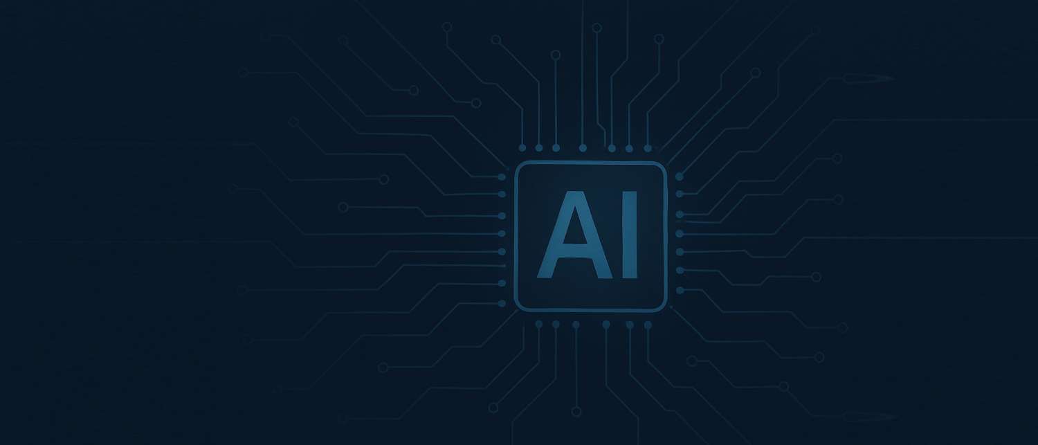 Digital illustration of an AI chip with glowing network lines on a dark blue background, symbolising AI connectivity.