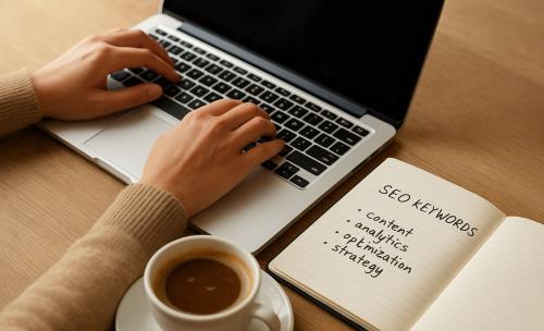 a man typing on a laptop beside a cup of coffee, with a notebook open and a few notes scribbled about SEO keywords.