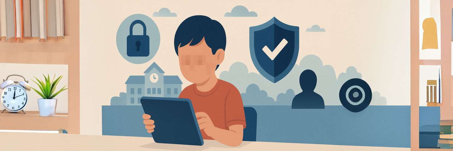 cartoon image of a child on a tablet with their face blurred