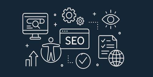 Icons representing SEO, accessibility, analytics, and web design on a dark background.