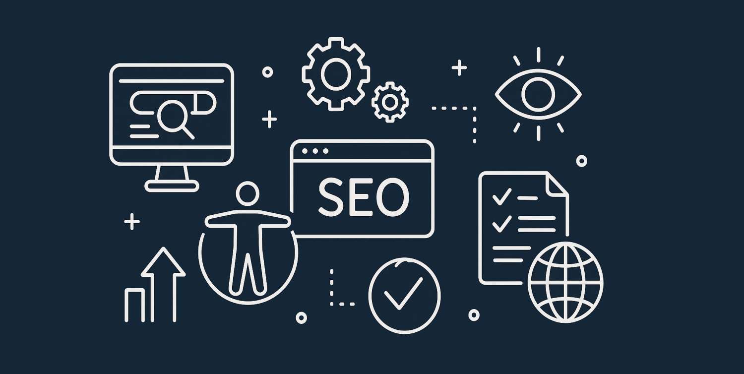 Icons representing SEO, accessibility, analytics, and web design on a dark background.