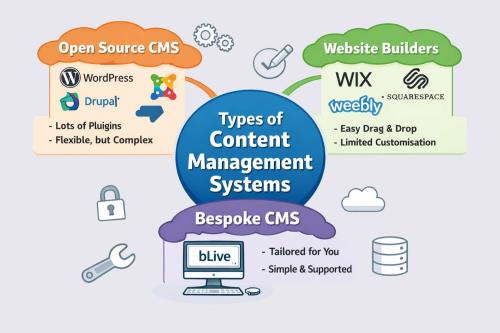 mind map comparing open source CMSs with website builders and bespoke CMSs